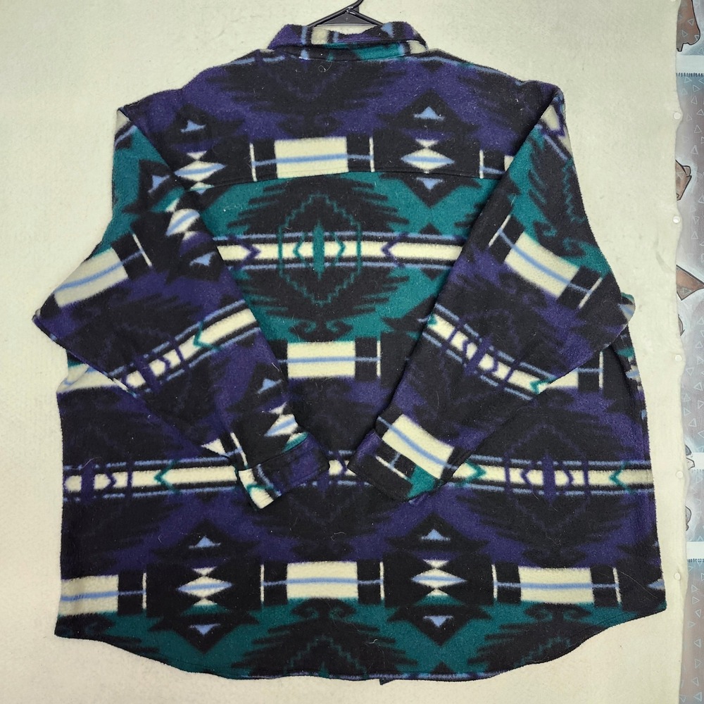 Vintage 90s Aztec Southwestern Fleece Shacket 4X Oversized Teal Button Down Navy - Picture 6 of 6